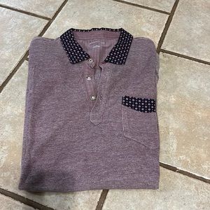 Saks Fifth Avenue short sleeve polo maroon with navy pattern collar